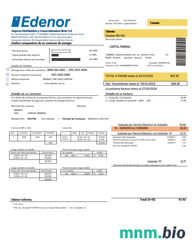 Argentyna Edenor łatwy do wypełnienia szablon rachunku za media Biznesowe w formacie Word i PDF